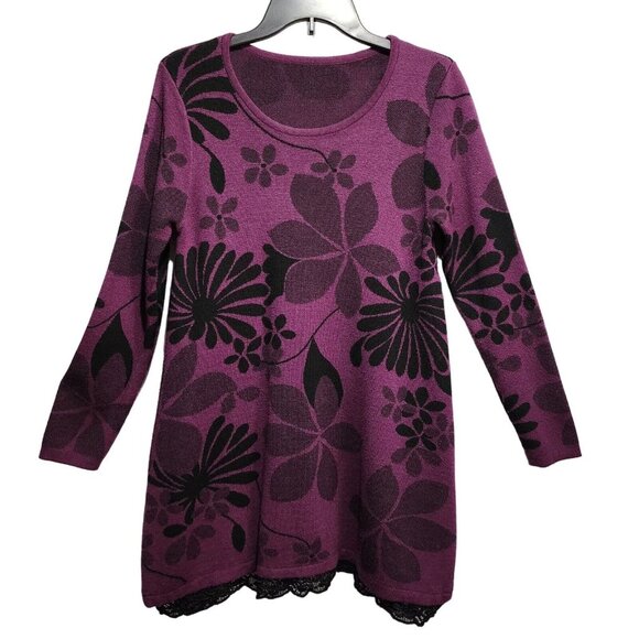 Purple Tunic Top Sweter Long Sleeve With Lace Hem Cashmere And Wool Blend Size L - Picture 7 of 10